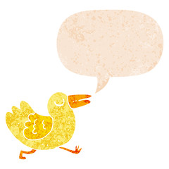 cartoon bird and speech bubble in retro textured style