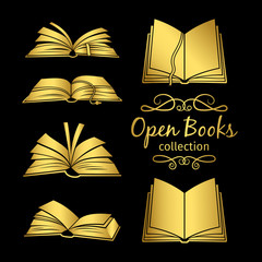 Golden open books icons vector isolated on black background