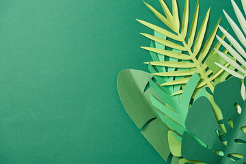 top view of tropical paper cut palm leaves on green background with copy space