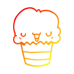 warm gradient line drawing cartoon cupcake with face