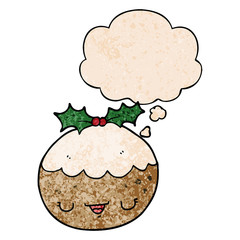 cute cartoon christmas pudding and thought bubble in grunge texture pattern style