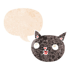 cartoon cat and speech bubble in retro textured style