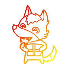 warm gradient line drawing cartoon hungry wolf holding christmas present