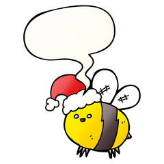 cute cartoon bee wearing christmas hat and speech bubble in smooth gradient style
