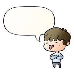 cartoon boy sticking out tongue and speech bubble in smooth gradient style