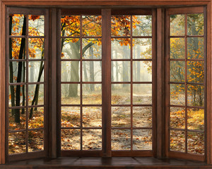 Fototapety  Widok okna 3D. Piękny widok na przyrodę z okna. jesienny krajobraz.