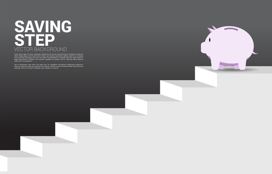 Piggy Bank On Top Of Stair. Concept Of Wealth Management , Investment And Money Saving.