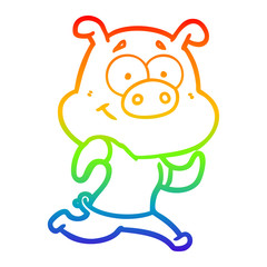 rainbow gradient line drawing happy cartoon pig running