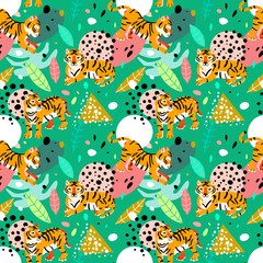 Exotic abstract pattern with leaves and tigers. 