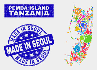 Mosaic technology Pemba island map and Made in Seoul seal stamp. Pemba island map collage composed with scattered bright equipment, palms, industry elements.