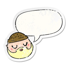 cartoon male face and beard and speech bubble distressed sticker