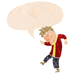 cartoon dancing man and speech bubble in retro textured style