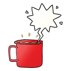 cartoon camping cup of coffee and speech bubble in smooth gradient style