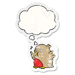 cartoon excited robin and thought bubble as a distressed worn sticker