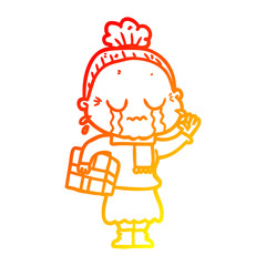 warm gradient line drawing cartoon crying old lady