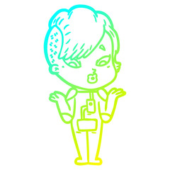 cold gradient line drawing cartoon surprised girl in science fiction clothes
