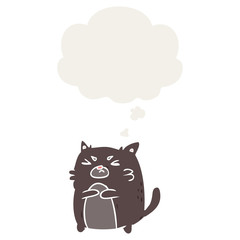 cartoon angry cat and thought bubble in retro style