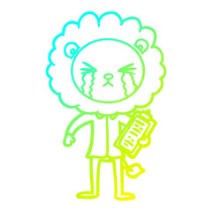 cold gradient line drawing cartoon crying lion with clipboard