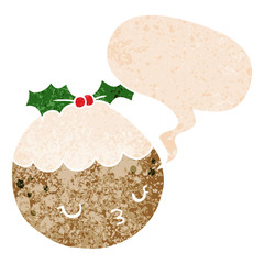 cute cartoon christmas pudding and speech bubble in retro textured style