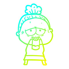cold gradient line drawing cartoon happy old lady