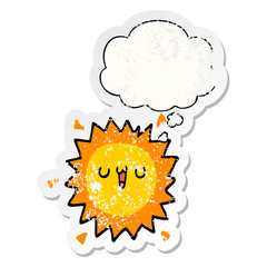 cartoon sun and thought bubble as a distressed worn sticker