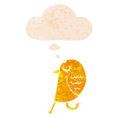 cartoon bird and thought bubble in retro textured style