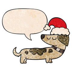 cartoon dog wearing christmas hat and speech bubble in retro texture style
