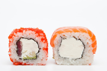Philadelphia roll, Sushi rolls isolated on white background. Collection. Closeup of delicious japanese food with sushi roll.