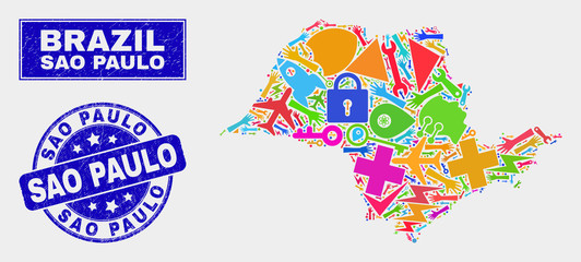 Mosaic service Sao Paulo State map and Sao Paulo seal stamp. Sao Paulo State map collage created with randomized colored equipment, hands, industry items.