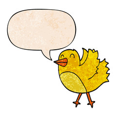 cartoon bird and speech bubble in retro texture style