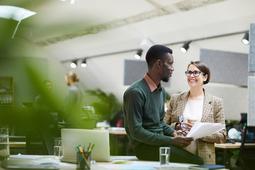 Portrait of young business manager smiling at African-American colleague while chatting at break in...