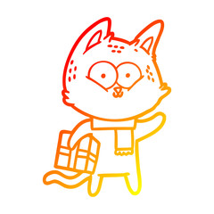 warm gradient line drawing cartoon cat holding christmas present