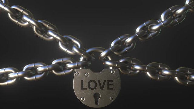 LOVE word on a padlock holding metal chains. Conceptual 3D animation