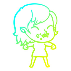 cold gradient line drawing cartoon vampire girl with blood on cheek
