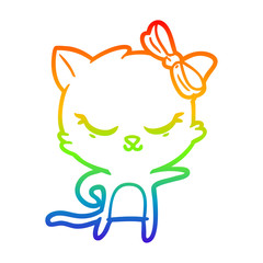 rainbow gradient line drawing cute cartoon cat with bow