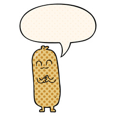 cartoon sausage and speech bubble in comic book style