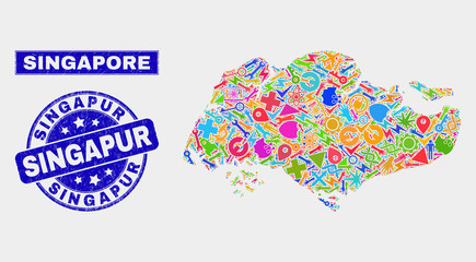 Mosaic service Singapore map and Singapur seal. Singapore map collage composed with randomized colored equipment, hands, service icons. Blue rounded Singapur seal with unclean texture.