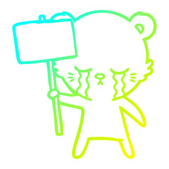 cold gradient line drawing crying cartoon bear with sign post