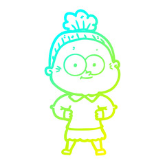 cold gradient line drawing cartoon happy old woman