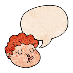 cartoon male face and speech bubble in retro texture style