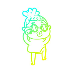 cold gradient line drawing cartoon tired woman wearing spectacles