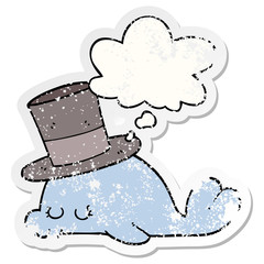 cute cartoon dolphin and thought bubble as a distressed worn sticker