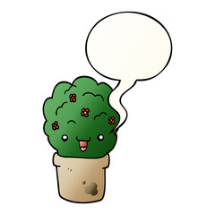 cartoon shrub in pot and speech bubble in smooth gradient style