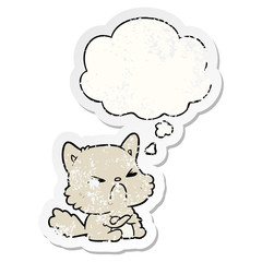 cartoon angry cat and thought bubble as a distressed worn sticker