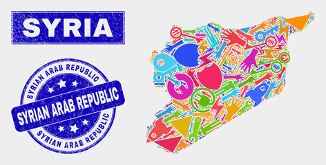 Mosaic tools Syria map and Syrian Arab Republic seal stamp. Syria map collage formed with random colorful tools, palms, service elements.