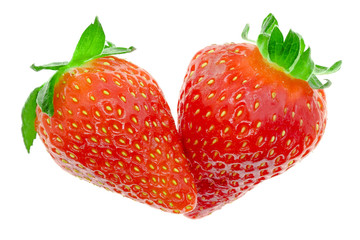 Two strawberries close up on a white background, isolated