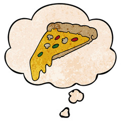 cartoon pizza slice and thought bubble in grunge texture pattern style