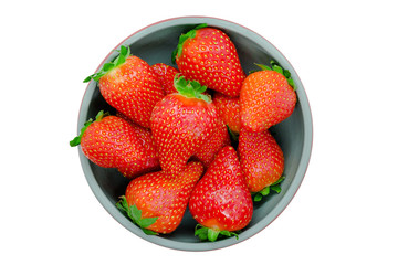 Bowl of ripe fresh strawberries on white background top view, isolated