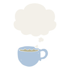 cartoon coffee cup and thought bubble in retro style