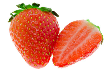 Fresh strawberry sliced in two on a white background, isolated